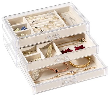 Acrylic Clear Jewelry Organizer Box 3 Drawers, Velvet Jewelry