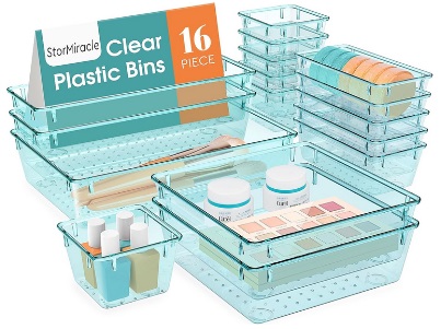 16Pcs Kitchen Drawer Organizer Clear Plastic Desk Drawer