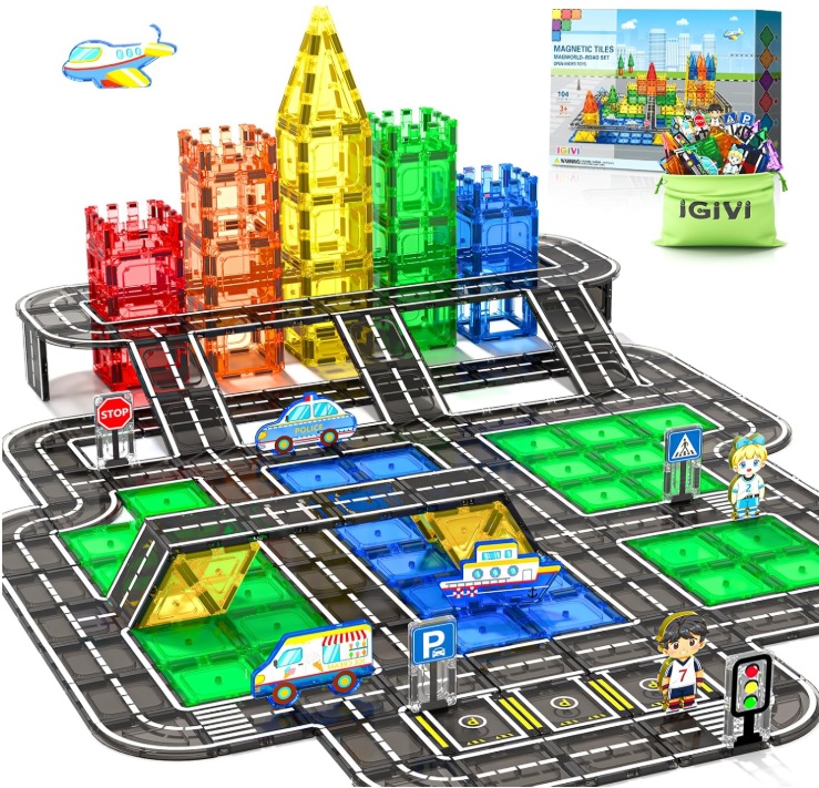 104 PCS Magnetic Tiles Road Set, STEM Construction Toys for Kids Ages 3 ...