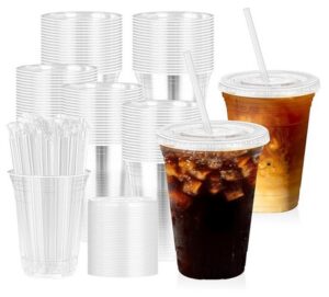 16 oz 100 Pack Clear Plastic Cups with Lids and Straw,leak-proof ...